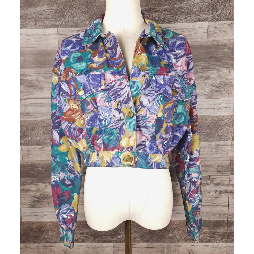 Paris Blues Vintage 90s Floral Denim Jacket Cropped Purple Teal Medium